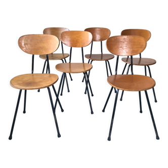 Suite of 6 wooden and metal chairs, circa 1950
