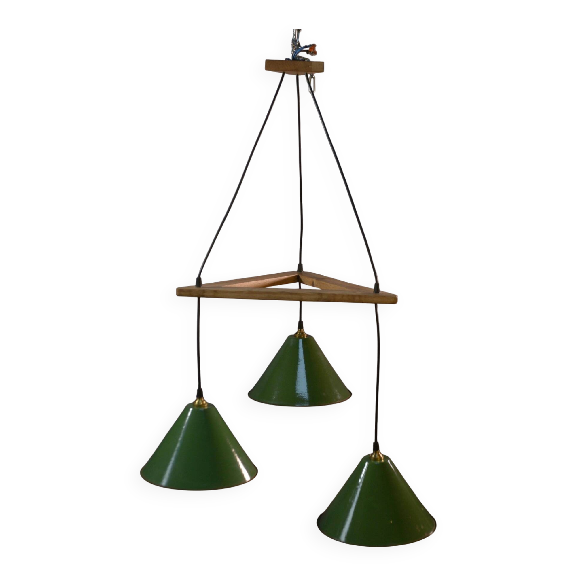 Suspension industrielle design support en chêne avec 3 cloches en métal