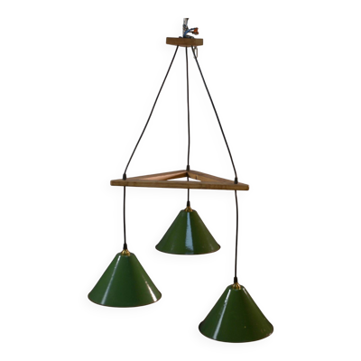 Suspension industrielle design support en chêne avec 3 cloches en métal