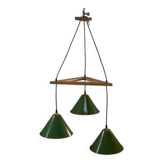 Industrial design pendant light with oak support and 3 metal bells