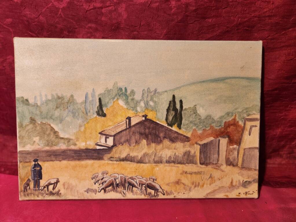 Oil painting on canvas Provence landscape Shepherd sheep signed Thiout