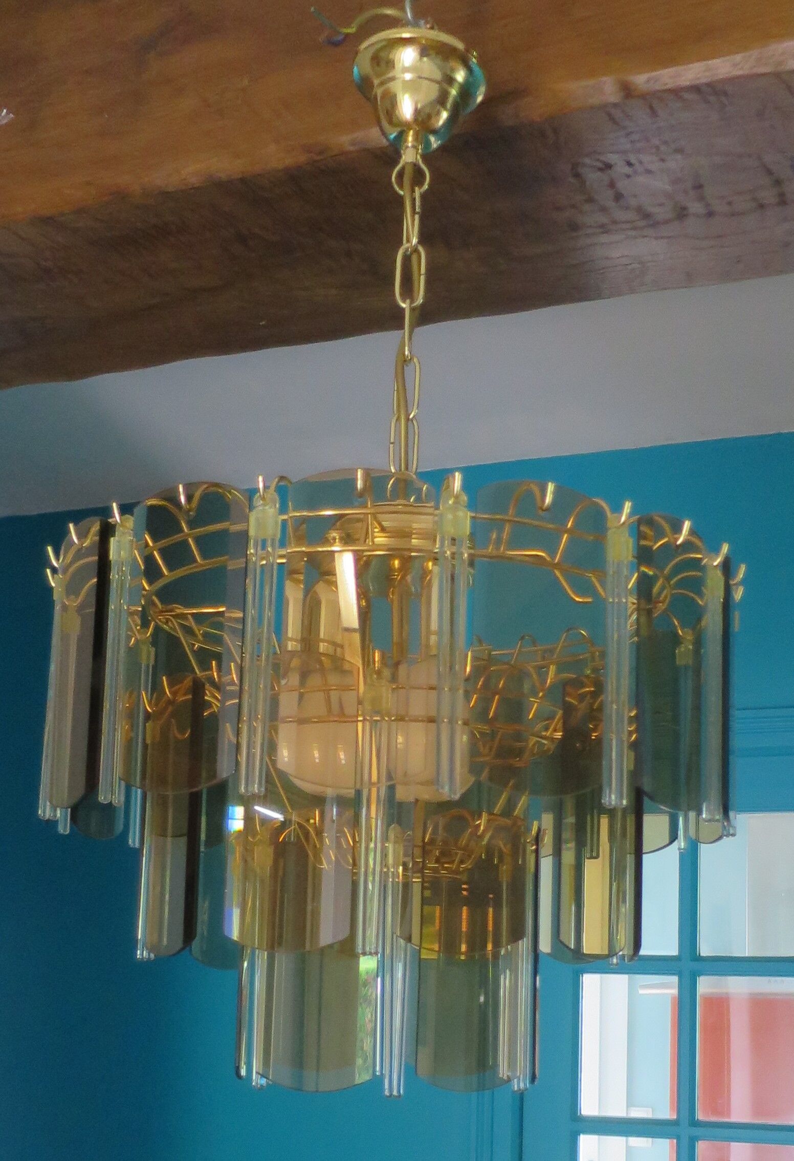 Suspension chandelier 3 rows plates smoked glass and tassels
