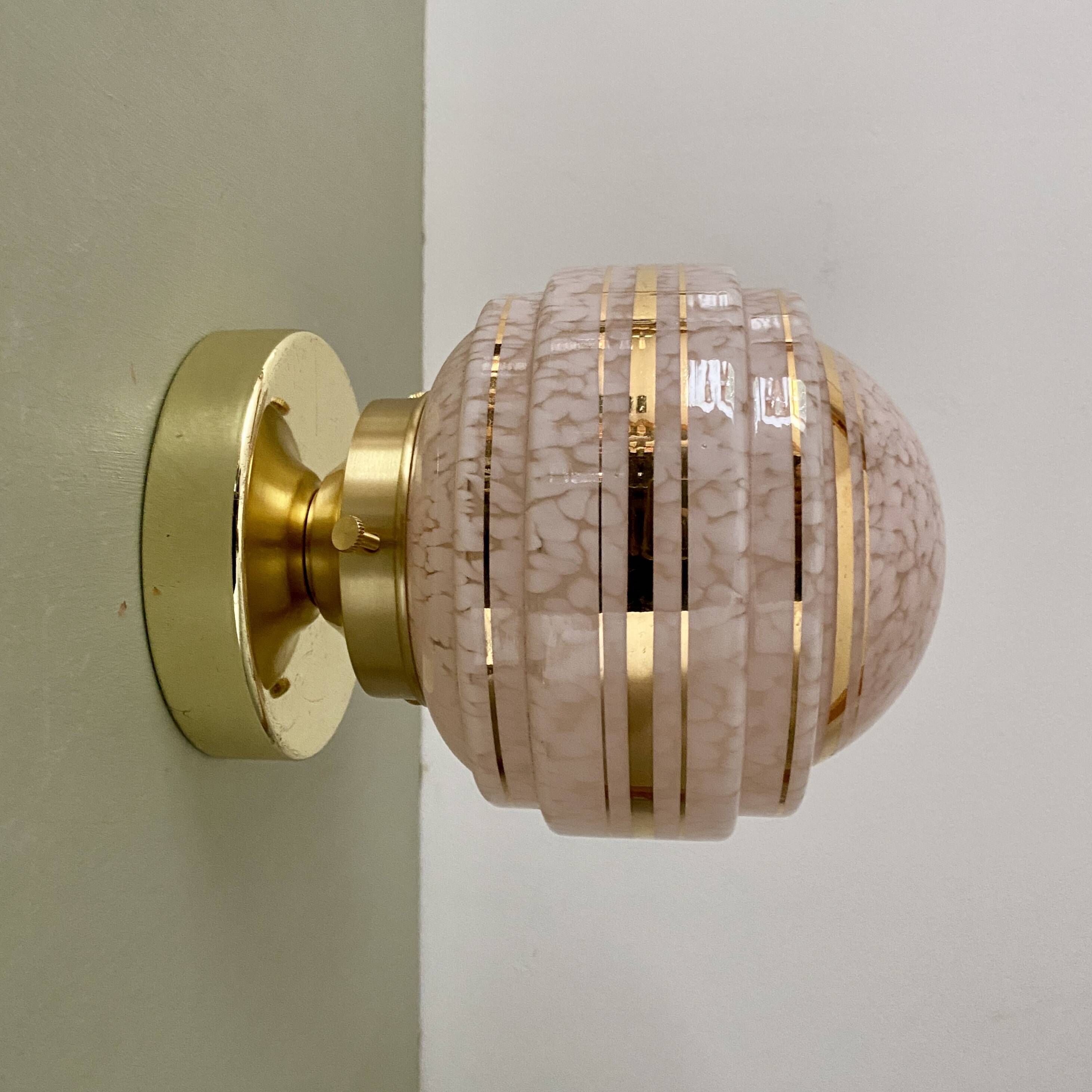 Vintage art deco globe wall or ceiling light in pink and gold Clichy glass