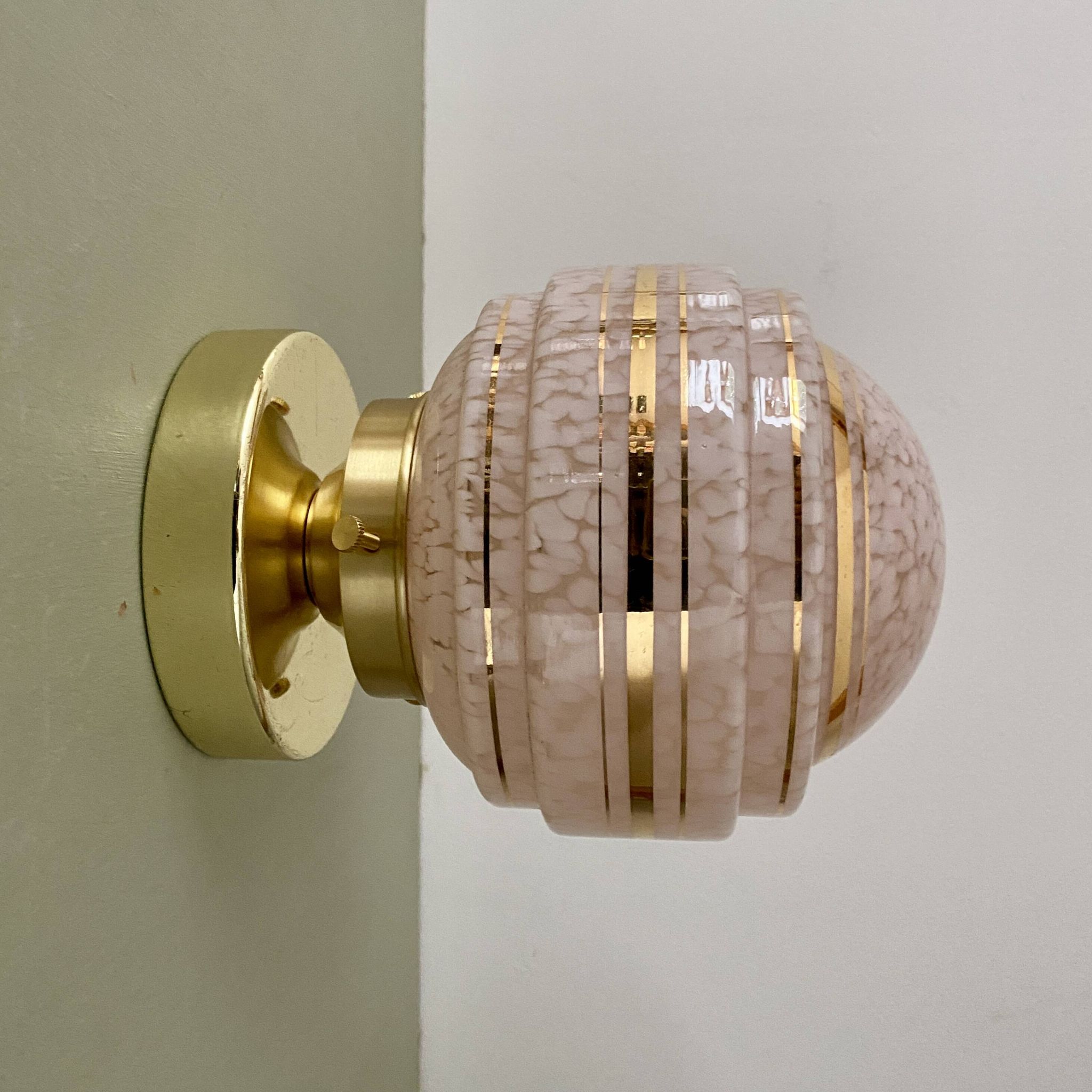 Vintage art deco globe wall or ceiling light in pink and gold Clichy glass