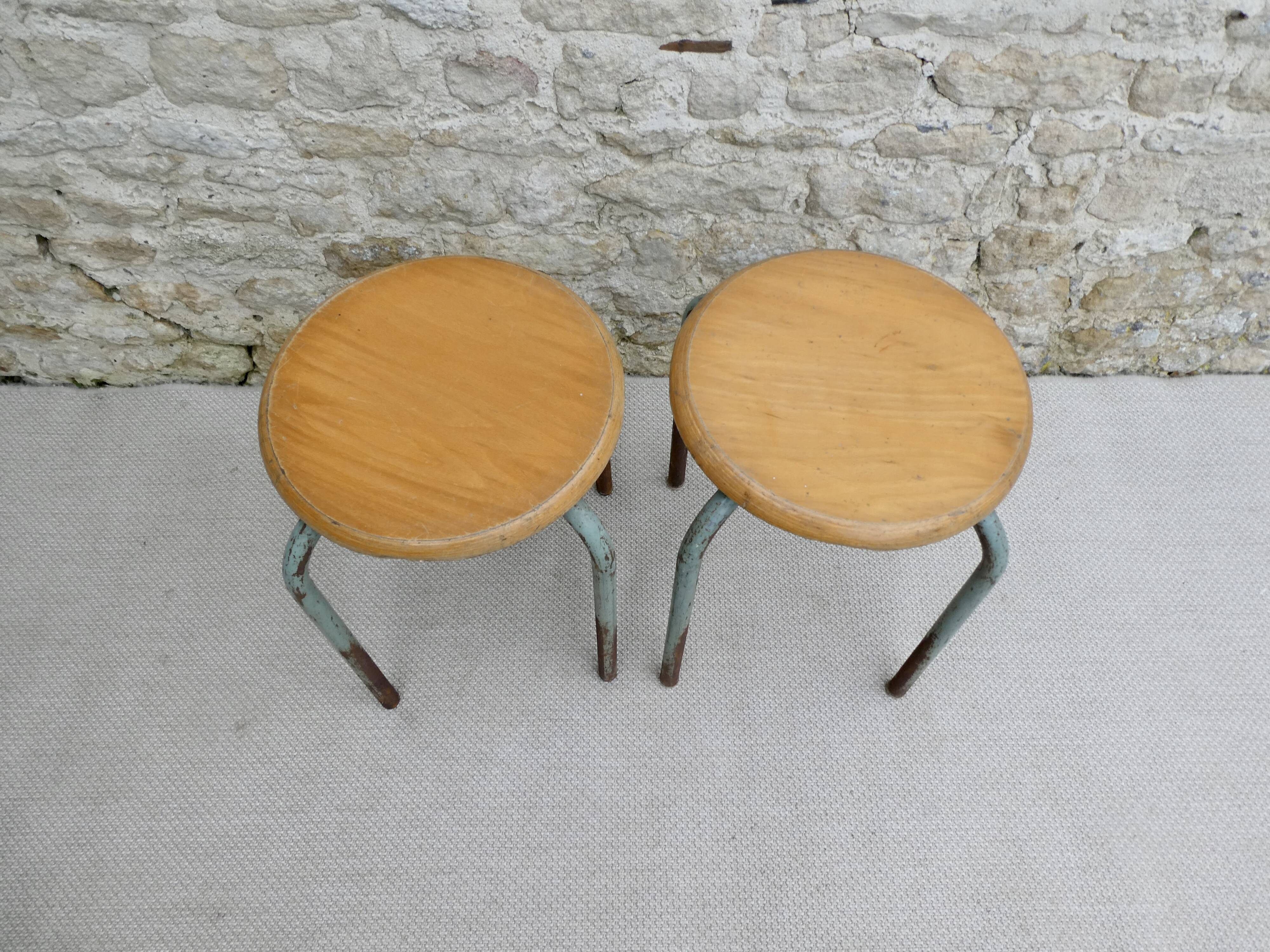 Pair of school stools in wood and metal