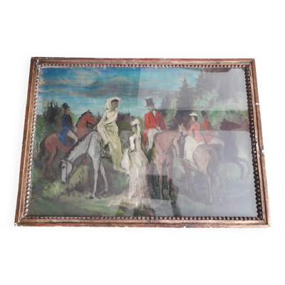Tableau ancien à l'huile représentant une scène équestre.