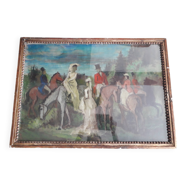 Tableau ancien à l'huile représentant une scène équestre.