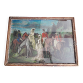 Antique oil painting depicting an equestrian scene.