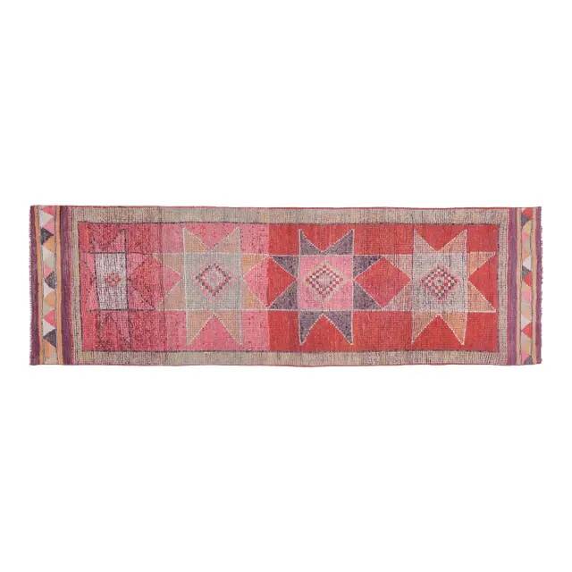 1970s Star Motif Vintage Turkish Oushak Wool Handmade Pink Runner 92x292