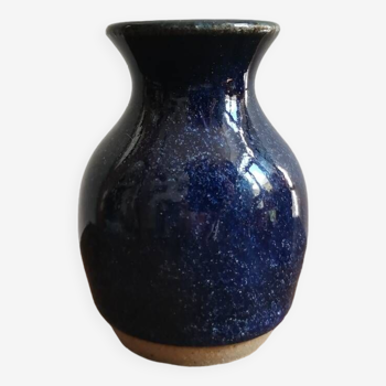 Small vintage speckled blue enameled stoneware vase