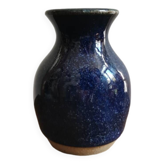 Petit vase en grès émaillé bleu moucheté vintage