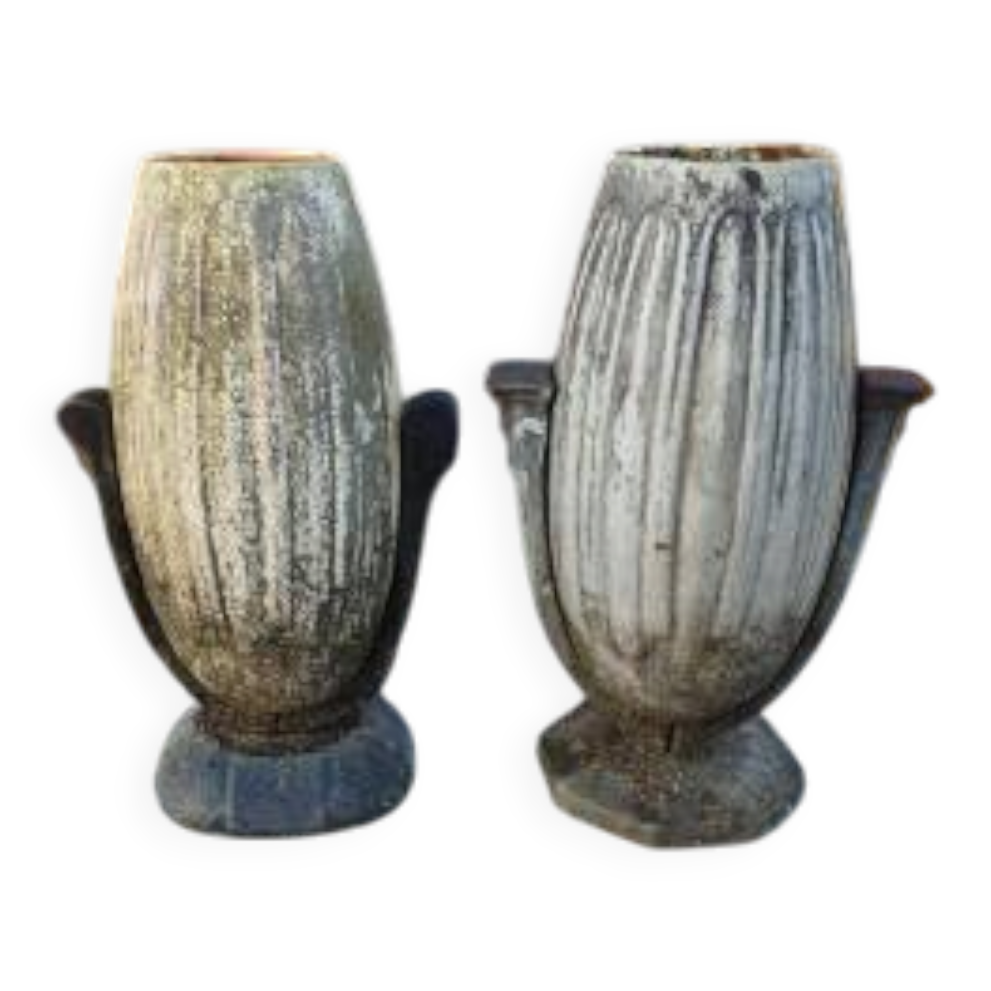 Pair of Art Deco vases, enamelled cast iron.
