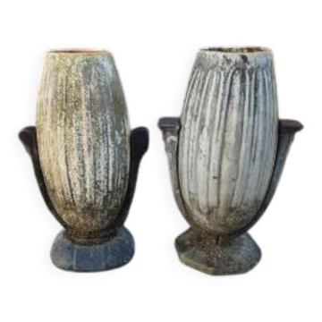 Pair of Art Deco vases, enamelled cast iron.
