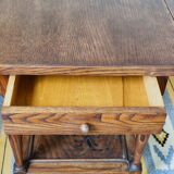 Folding dessert table in solid chestnut, 2 drawers, wheels, 20th century.