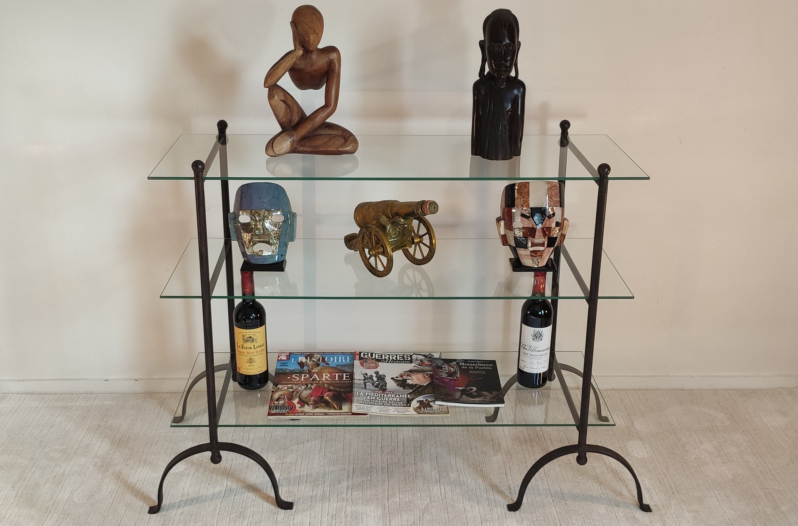 Beautiful Console 60'S feet wrought iron trestles with 3 TBEG glass trays