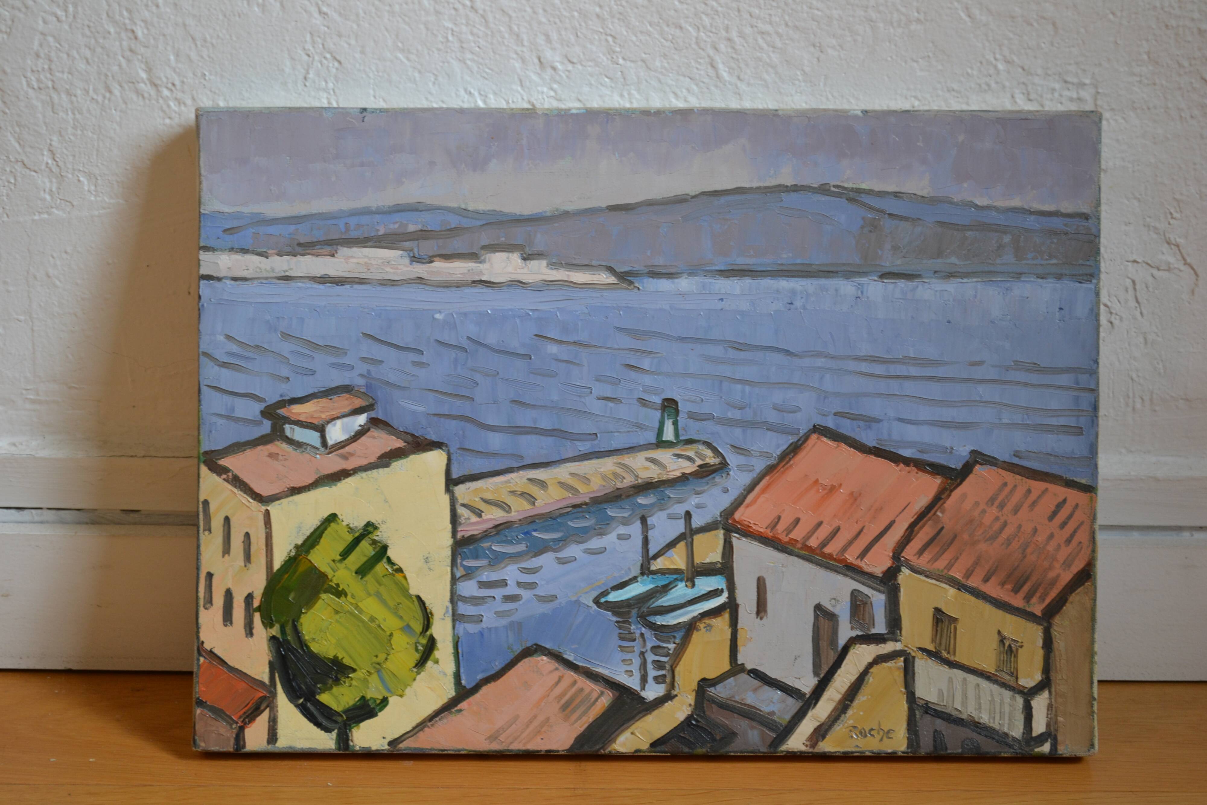 Marseille Corniche Valmer seaside landscape painting HST signed Roche