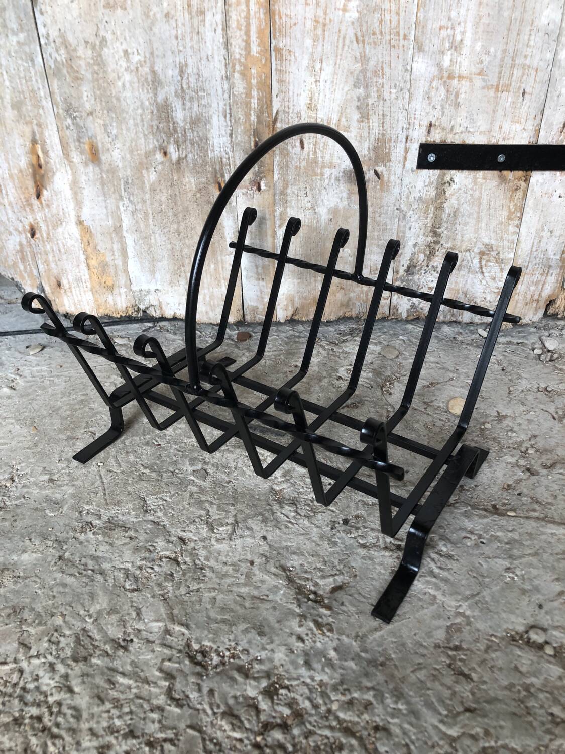 Old vintage black wrought iron fireplace log holder #a574