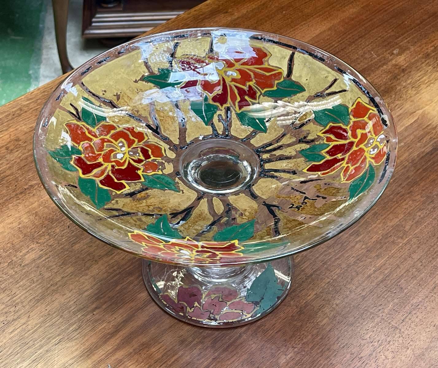 Enamelled glass footed bowl signed LEG for LEGRAS