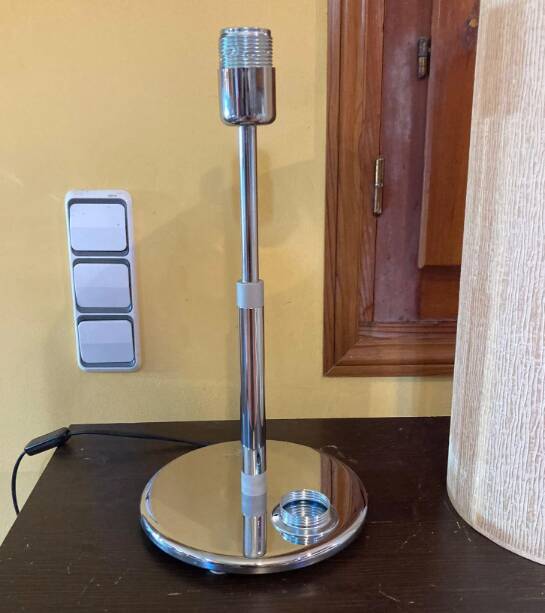 Vintage chrome metal table lamp with fabric in the style of Staff Leuchten, 1989.