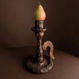 Brutalist carved wood candle holder, dark brown with lighter highlights, made in Italy, 1940s