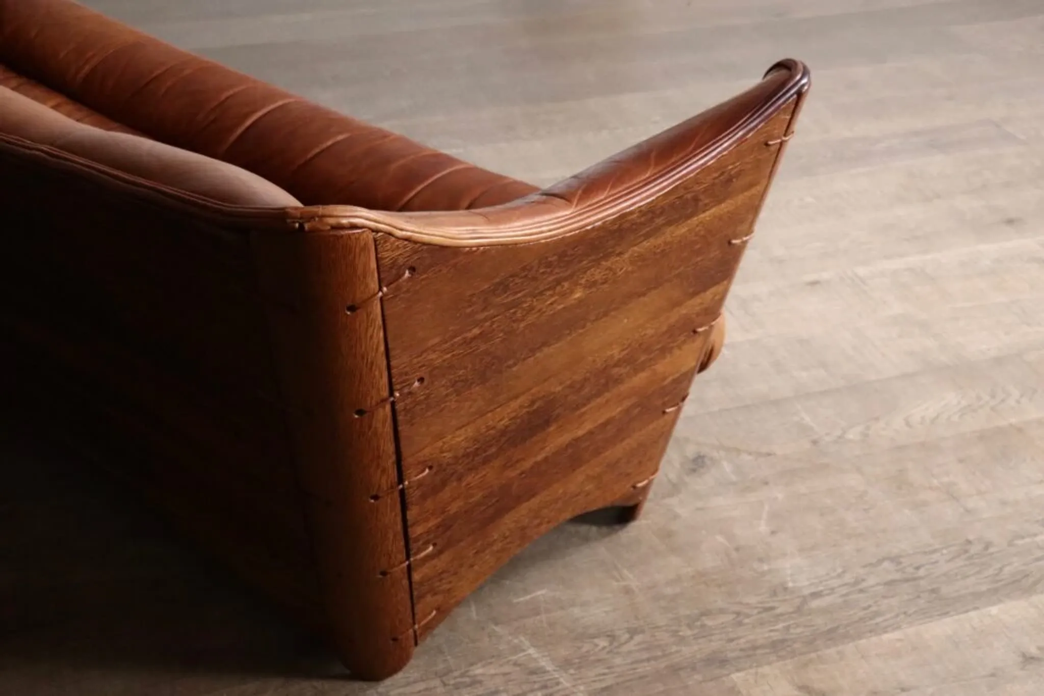 Mid-century sofa in cognac leather and wood by Pacific Green, Australia 1980s