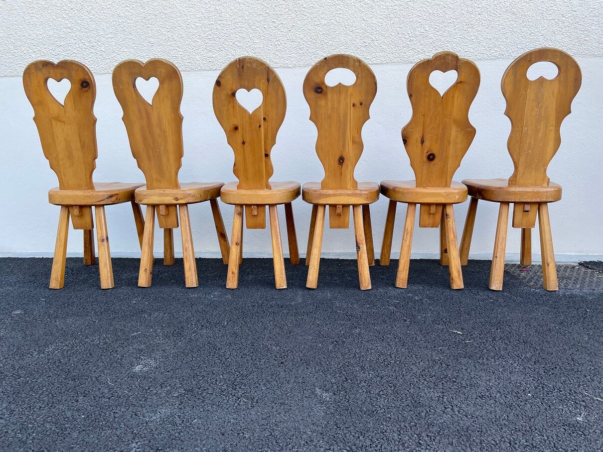 6 vintage Chairs Cembro pine Brutalist style circa 1975 Idcco Annecy