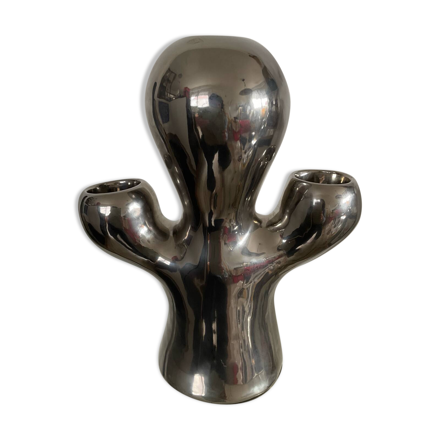 Vintage ceramic cactus candle holder in chrome