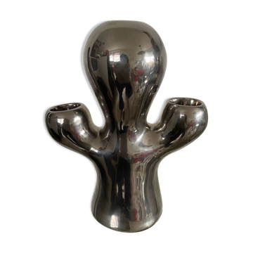Vintage ceramic cactus candle holder in chrome