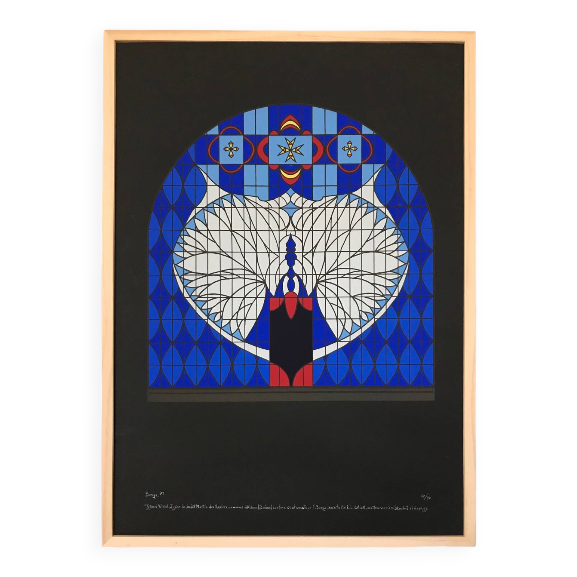 Original lithograph by franco borga. stained glass window, st-martin-des-rosiers