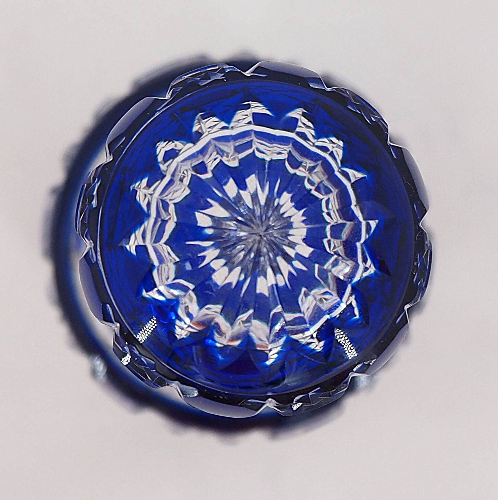 Baccarat, cut crystal bottle, blue lined, diamond gemstones, 14.8 cm.