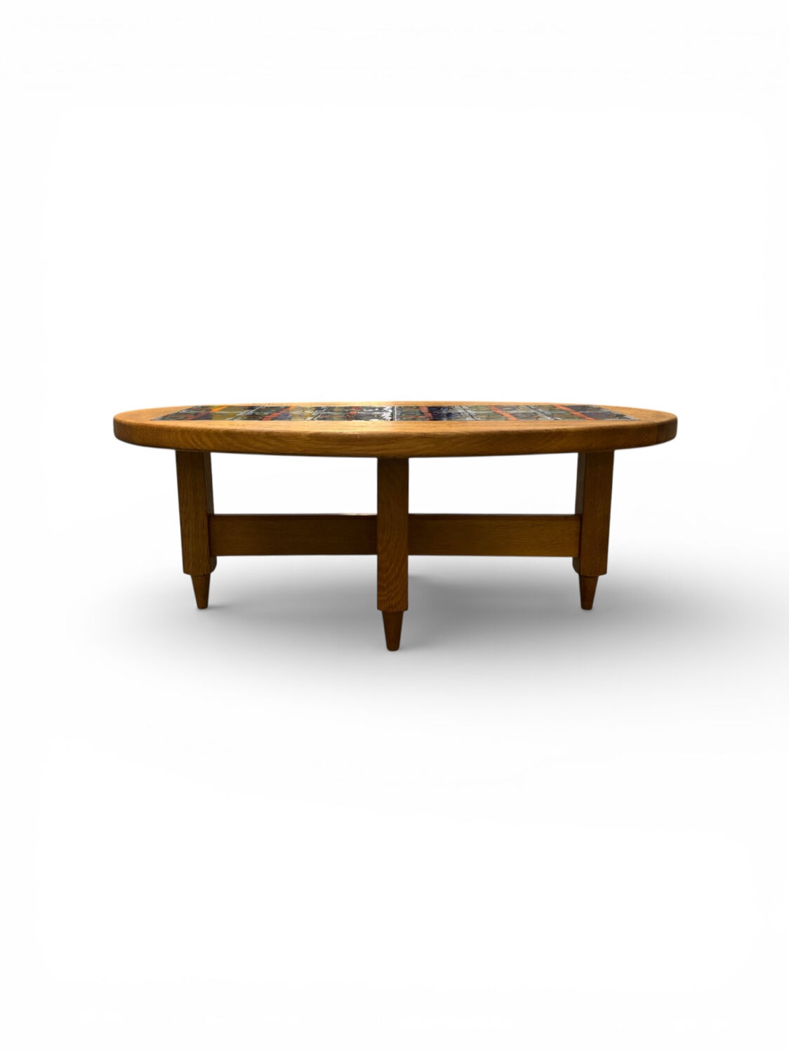 Oval coffee table in oak and ceramic by Guillerme & Chambron for