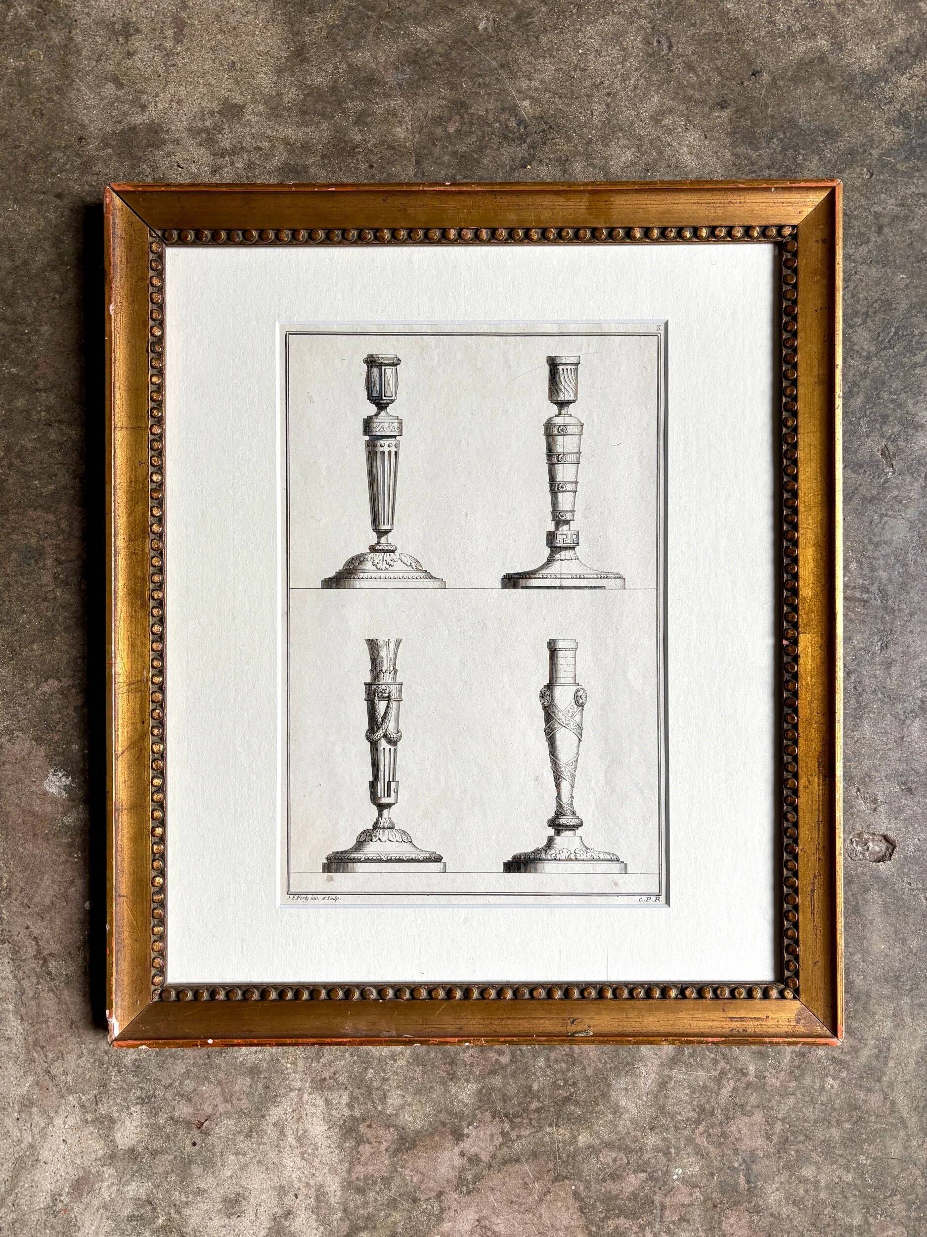 Framed engraving on the candlesticks by Jean-François Forty, late 18th century no. 2