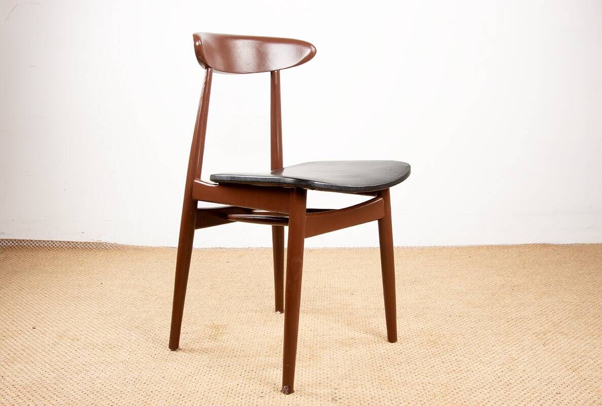 Set of 6 Thonet dining chairs, in brown lacquered wood and black leatherette, 1960.