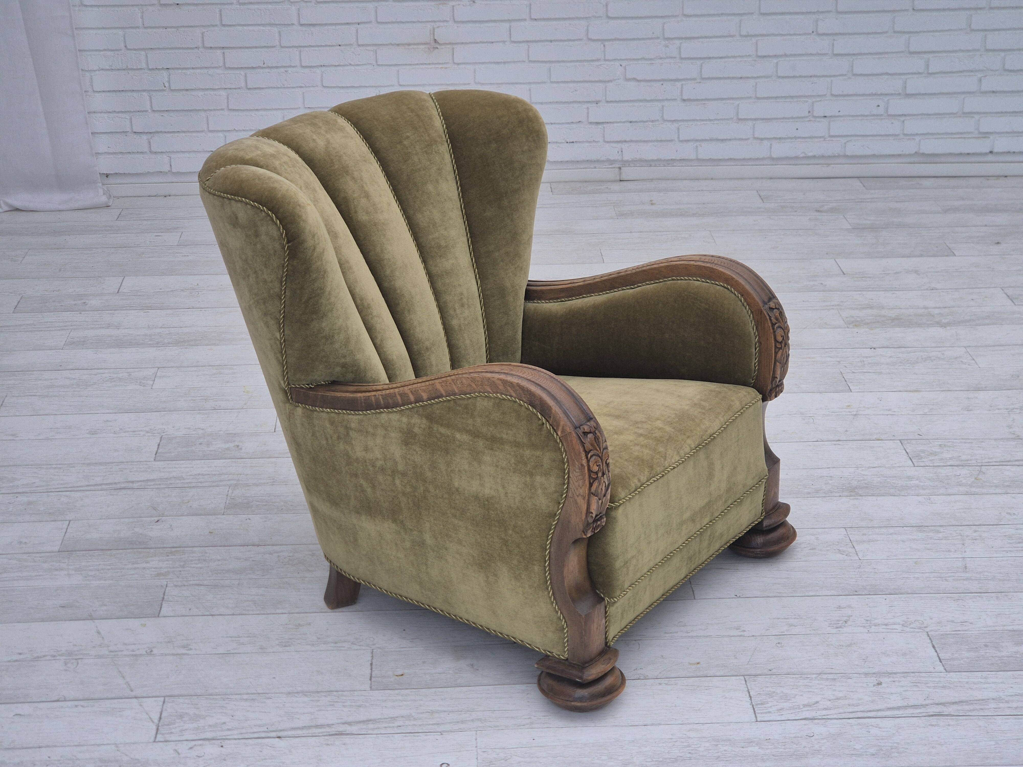 1960s, Danish relax armchair, green furniture velour fabric, oak wood.