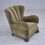 1960s, Danish relax armchair, green furniture velour fabric, oak wood.