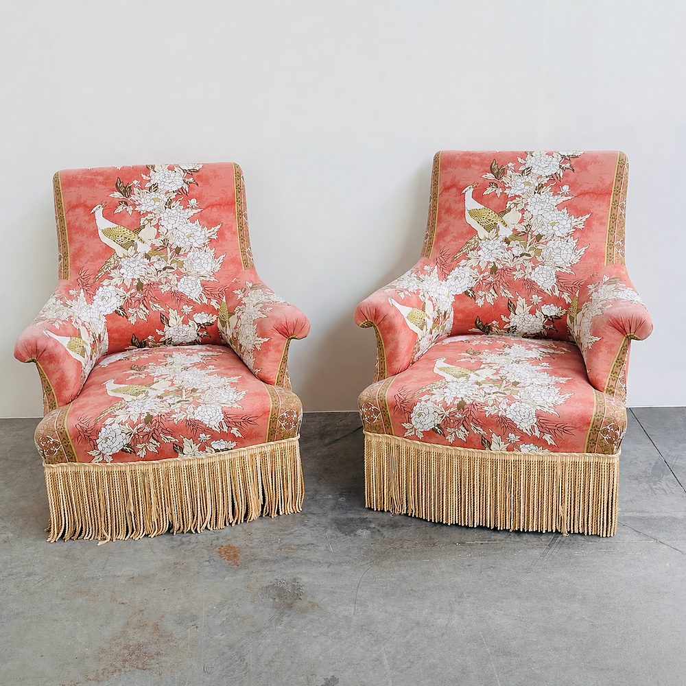 Exquisite pair of upholstered slipper lounge chairs depicting pheasants and peonies