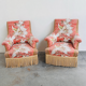 Exquisite pair of upholstered slipper lounge chairs depicting pheasants and peonies