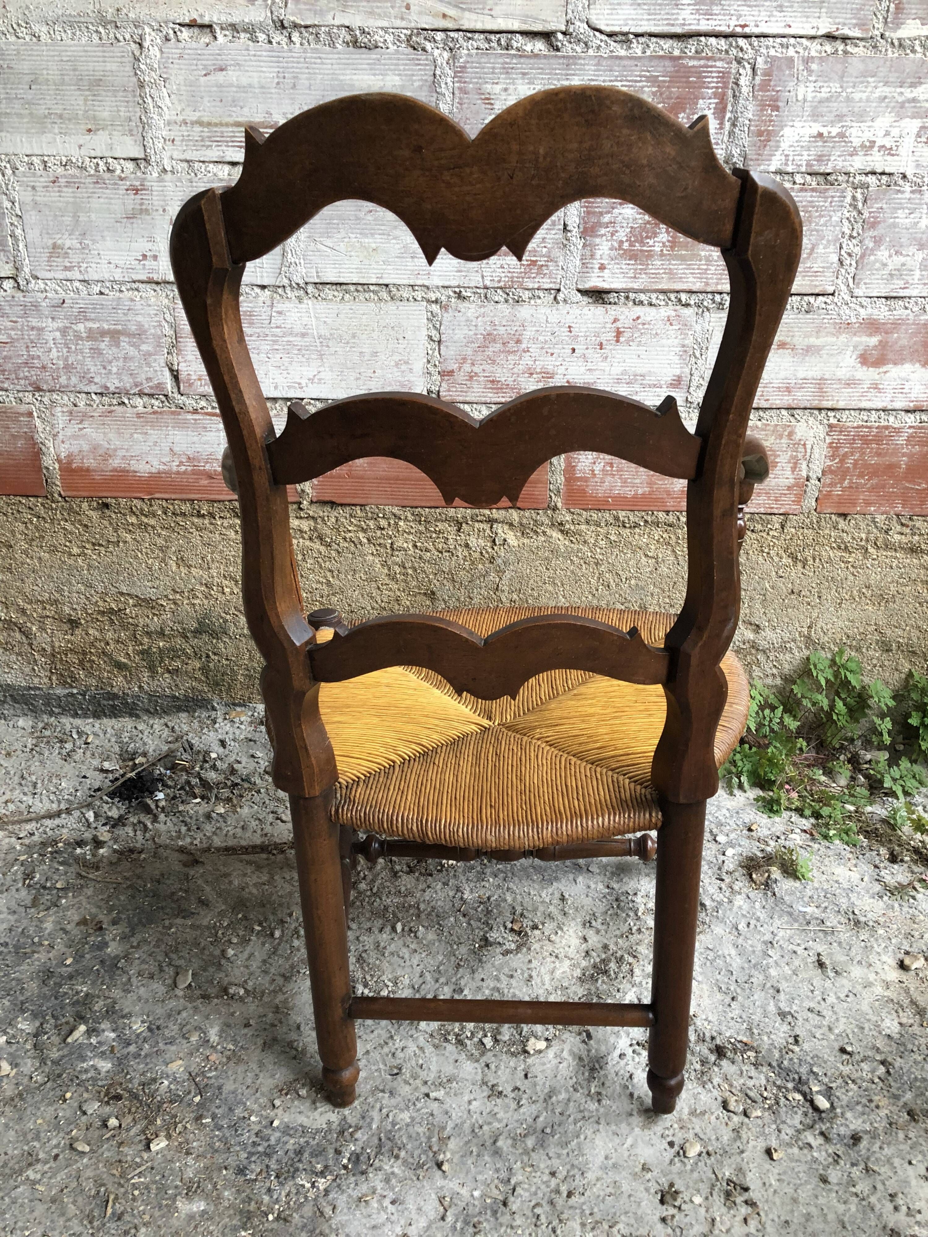 Pair Old Armchair Needle Wood Carved & Seat Paillé + Vintage Fabric Cover