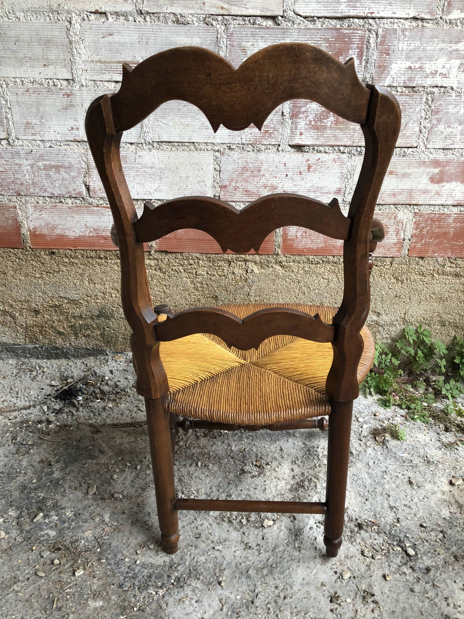 Pair Old Armchair Needle Wood Carved & Seat Paillé + Vintage Fabric Cover