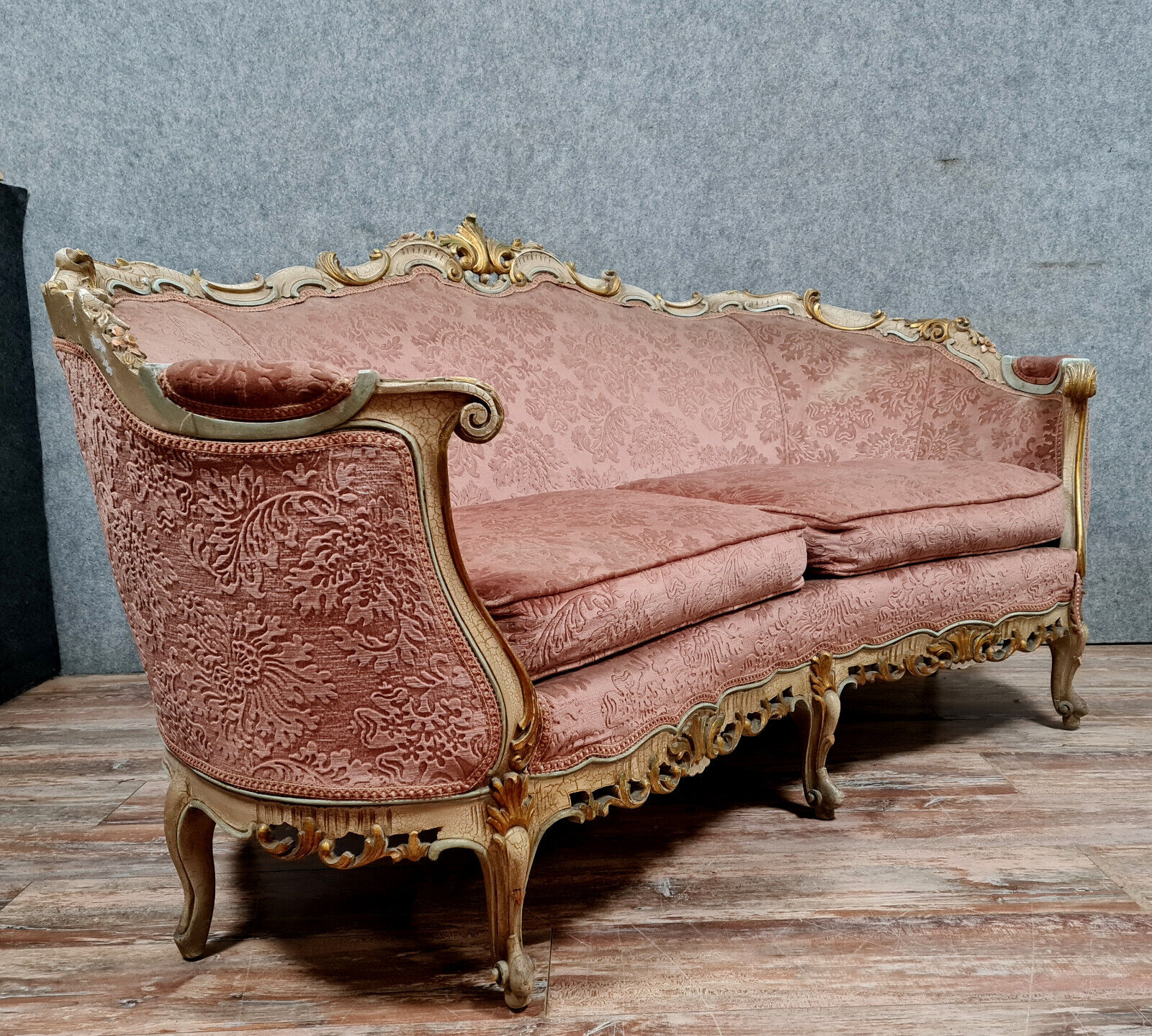 Banquette basket Louis XV Venetian lacquered and gilded wood circa 1900