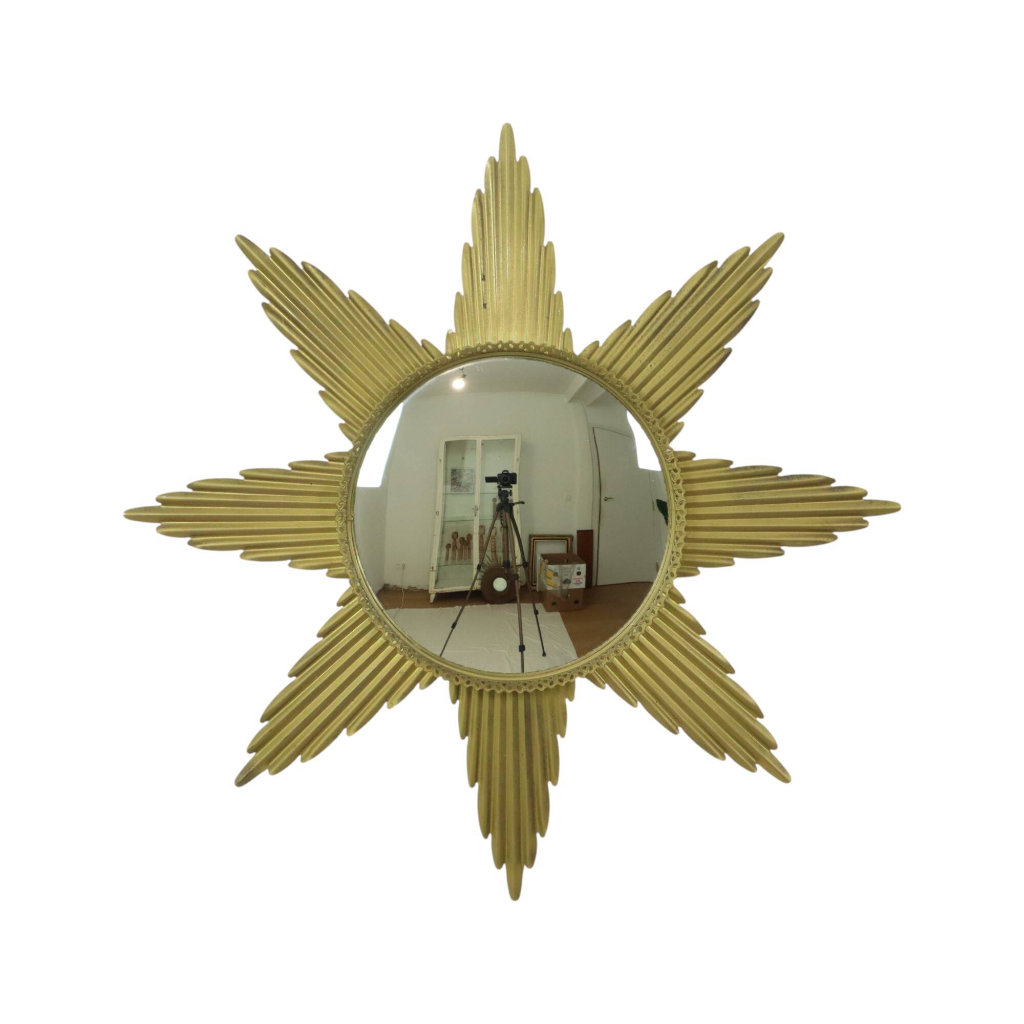 Large Starburst Sunburst Mirror Convex Gold Metal