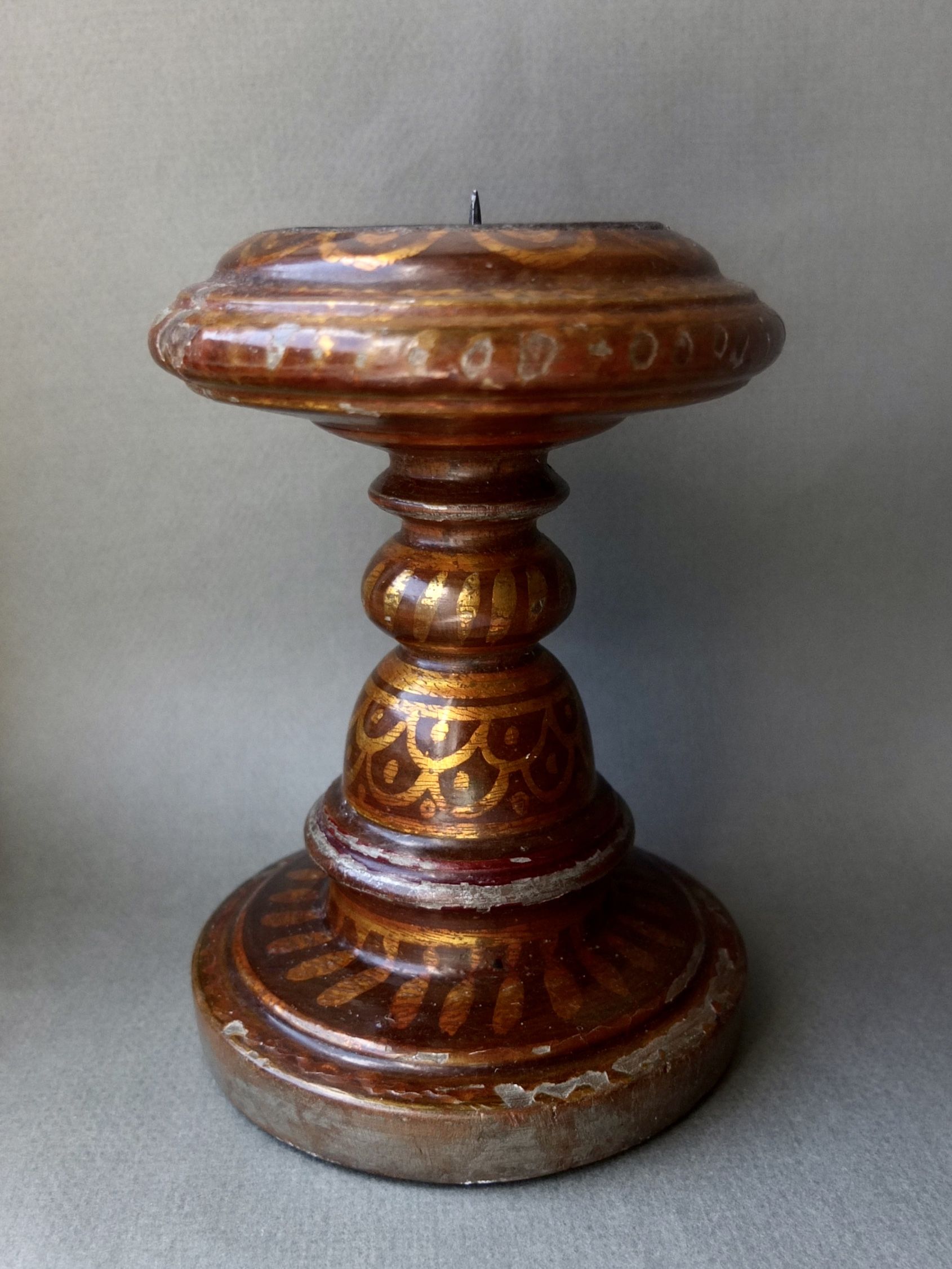 Antique turned lacquered wooden candlestand