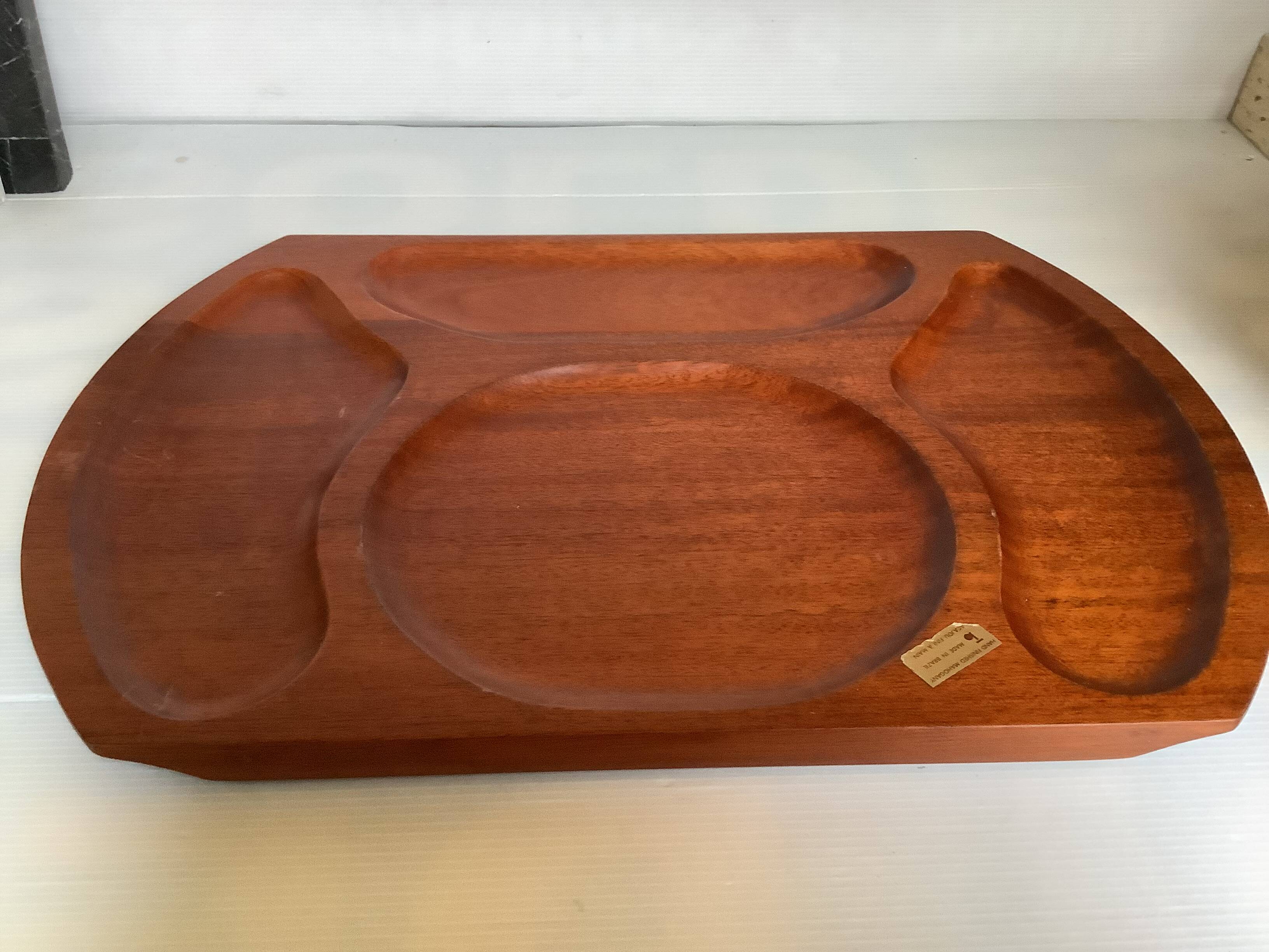 Pair of wooden snack meal trays with compartments.
