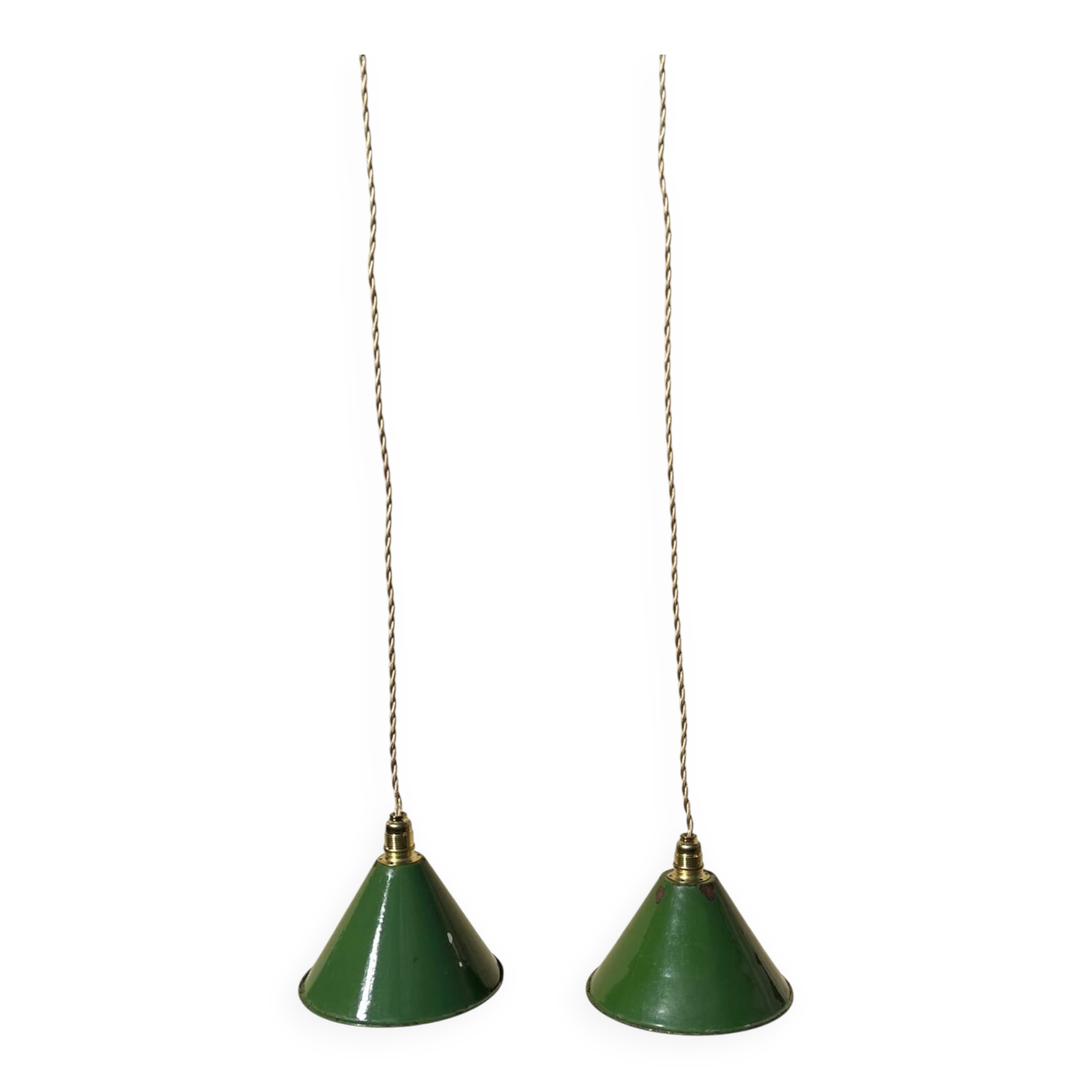 Pair of vintage industrial retro conical enamelled sheet metal pendant lights