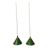 Pair of vintage industrial retro conical enamelled sheet metal pendant lights