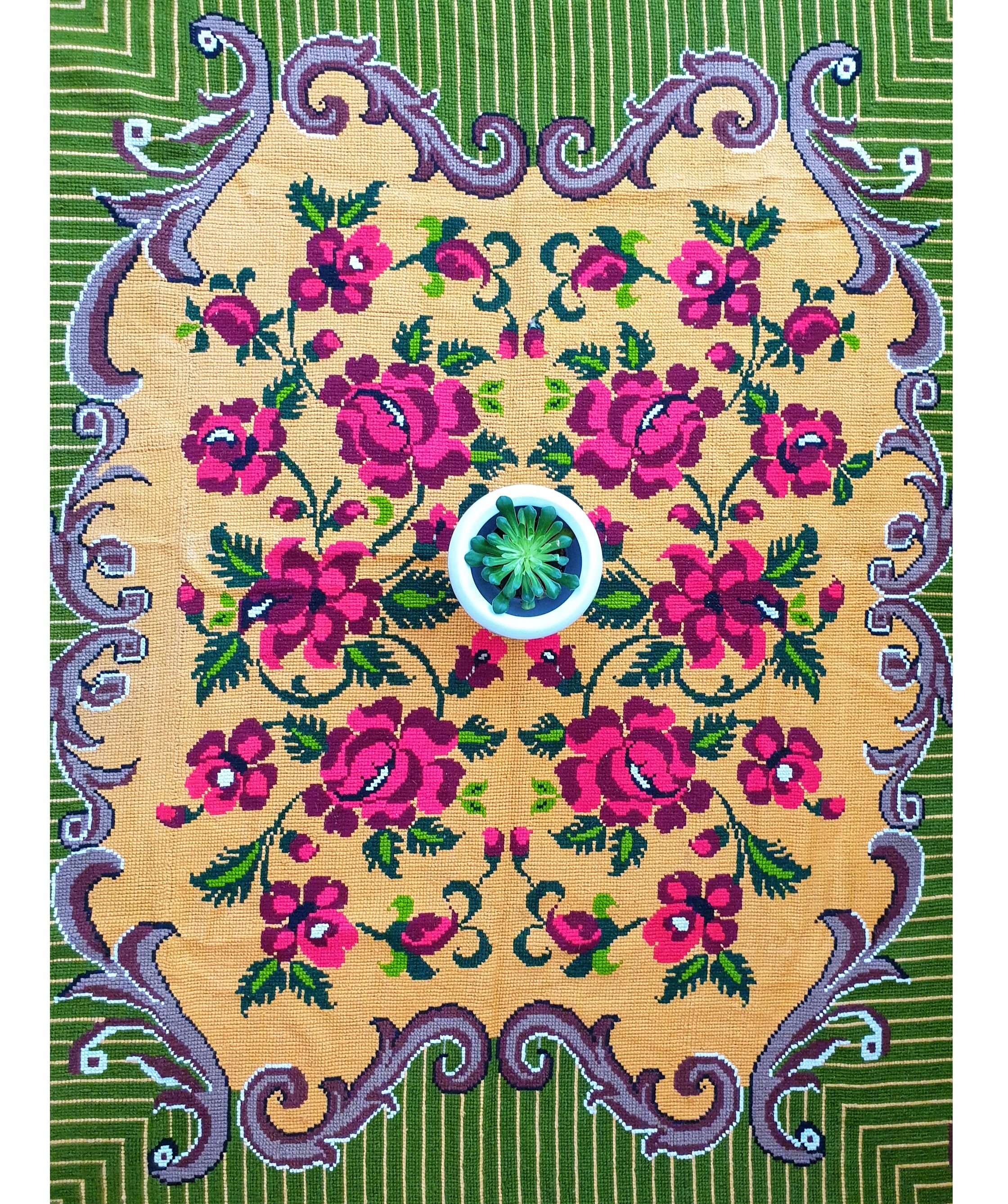 Gorgeous cross stitch floral carpet with red roses made by hand on heme Romania 148x196cm