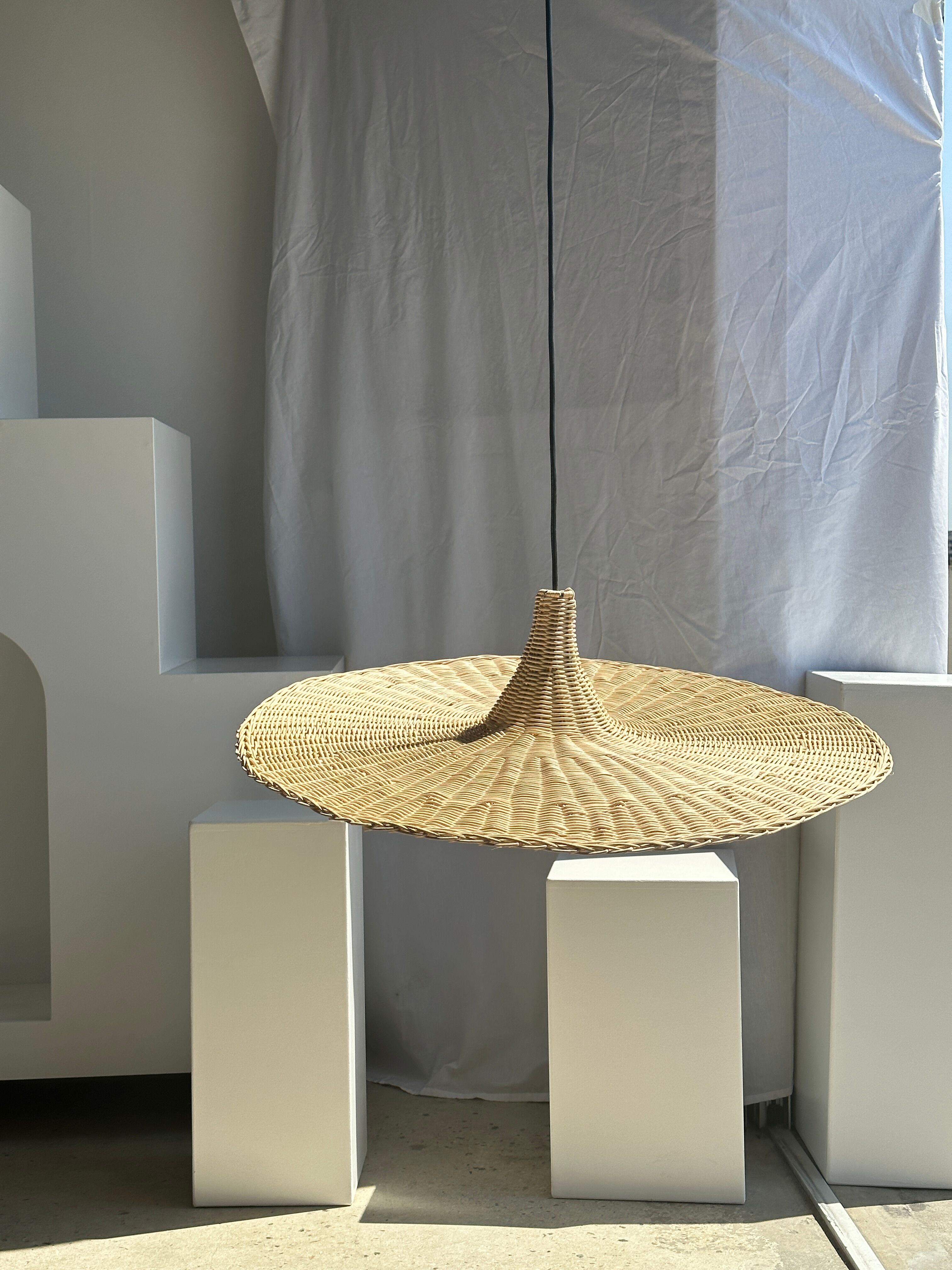 Large suspension, rattan luminaire in hat shape D:80cm