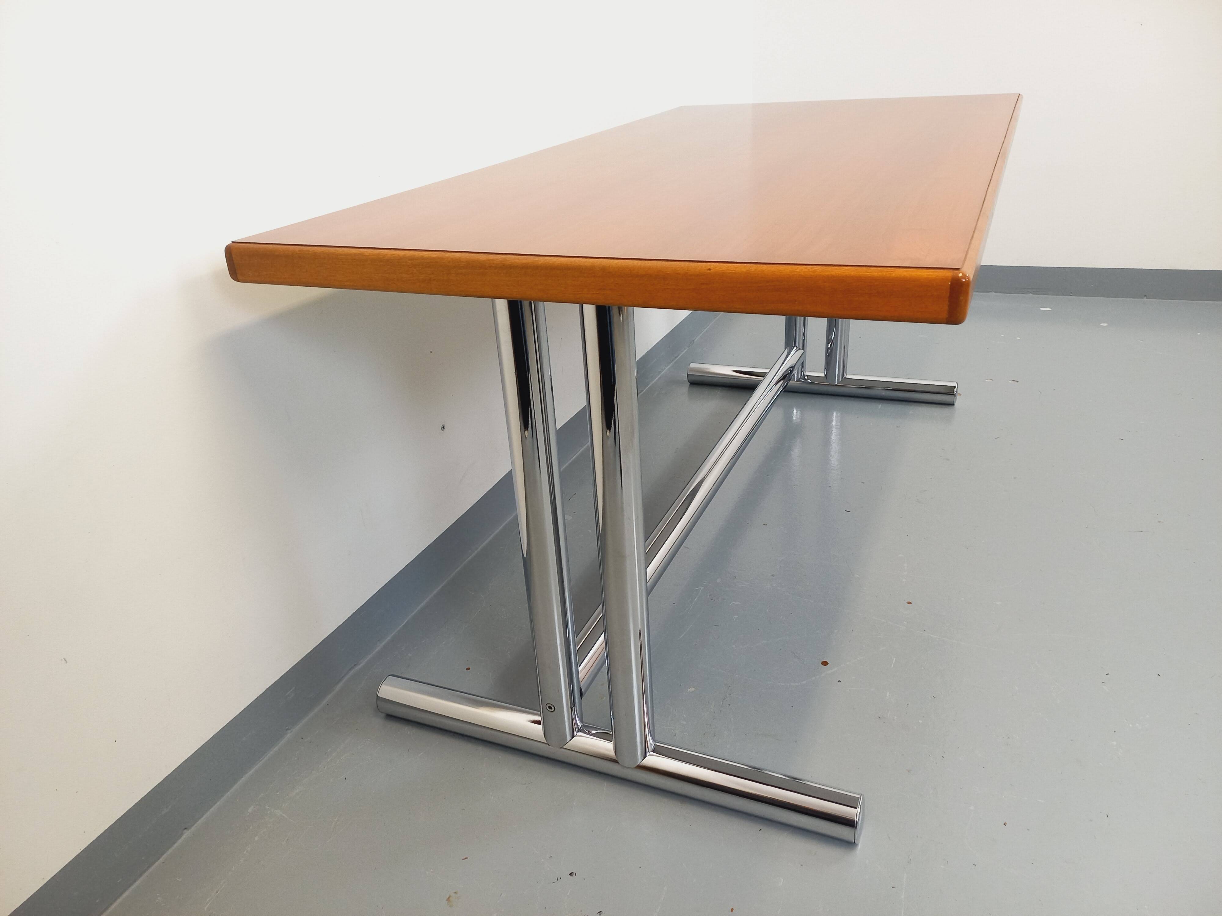 Vintage walnut and chrome metal desk from the 1970s.