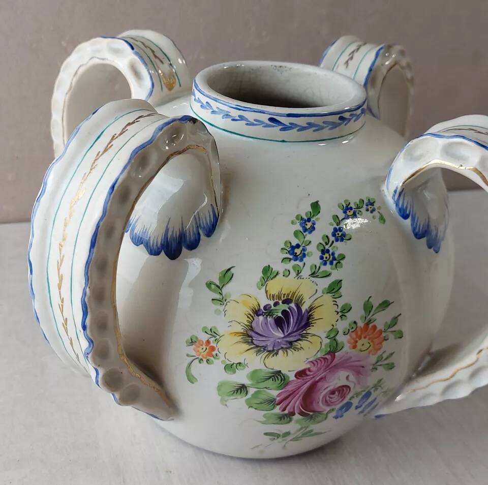 Old vase decorated with flowers, in ceramic, Roger Colas, from Clamecy