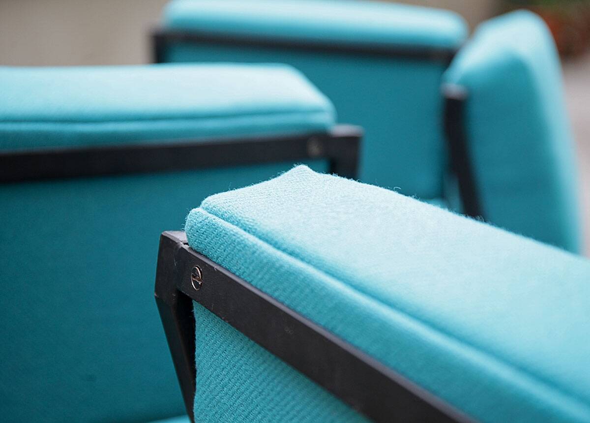 4 designer chairs, vintage 1962 (reupholstered) in the style of Pierre Guariche.